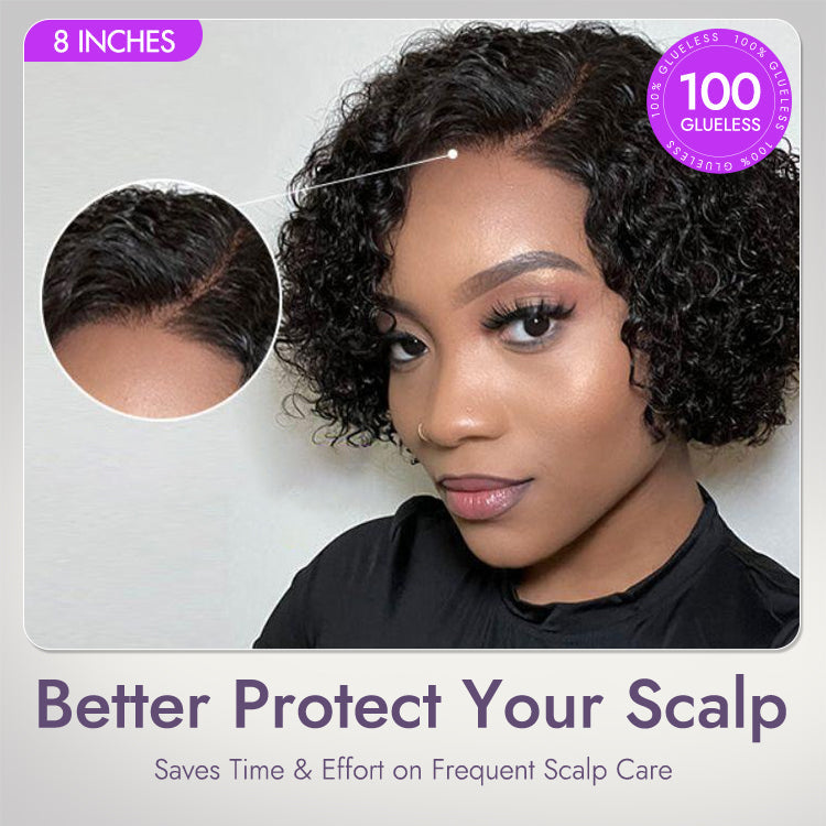 EasyGlam Trendy Short Cut Curly Minimalist HD Lace Glueless Side Part Wig 100% Human Hair Pre-Cut Lace