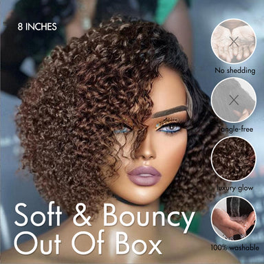 Melted Hair 100% Natural Black Wavy / Curly Bob Wig Glueless Minimalist Lace Pre-Cut Lace Wig