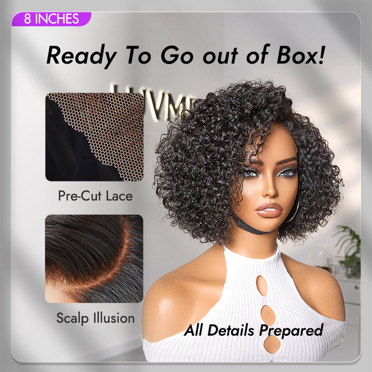 EasyGlam Trendy Short Cut Curly Minimalist HD Lace Glueless Side Part Wig 100% Human Hair Pre-Cut Lace