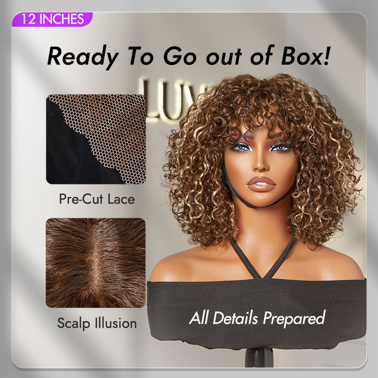 Beginner Friendly Ash Blonde Highlights Water Wave True Scalp Minimalist Lace Glueless Curly Wig with Bangs