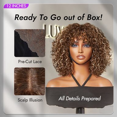 Beginner Friendly Ash Blonde Highlights Water Wave True Scalp Minimalist Lace Glueless Curly Wig with Bangs