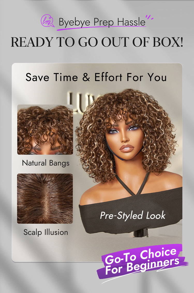 Beginner Friendly Ash Blonde Highlights Water Wave True Scalp Minimalist Lace Glueless Curly Wig with Bangs-40