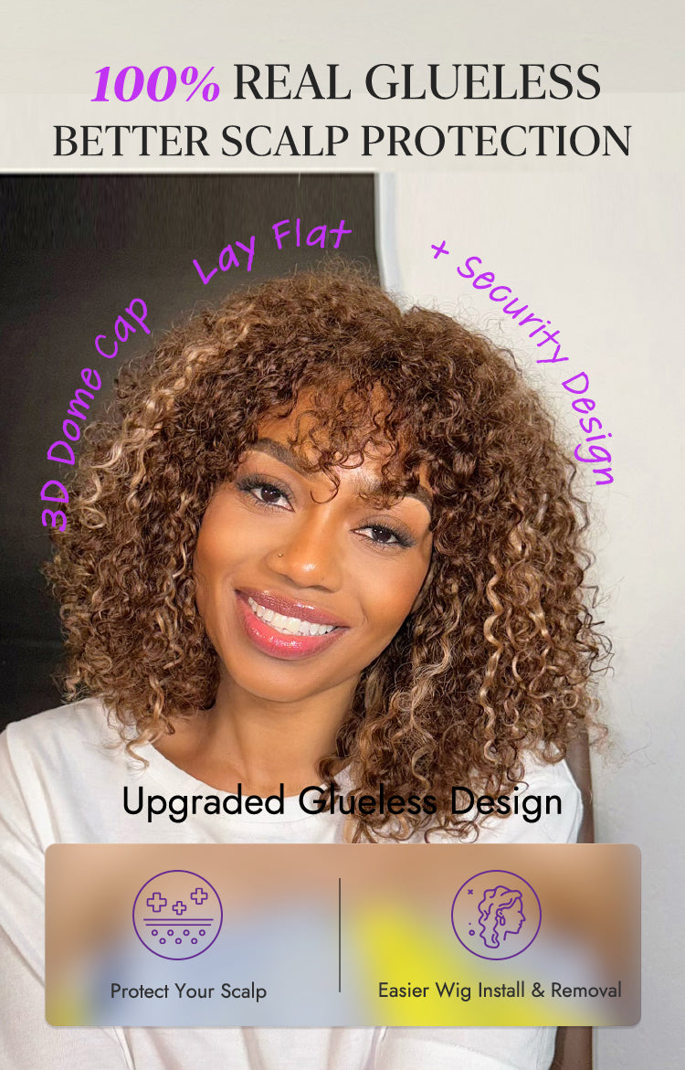 Beginner Friendly Ash Blonde Highlights Water Wave True Scalp Minimalist Lace Glueless Curly Wig with Bangs-42
