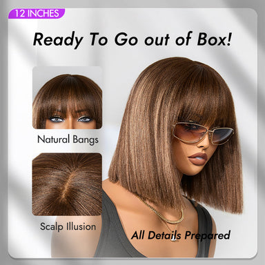 Ash Blonde Highlights with Dark Brown Base Yaki Blunt Cut Bob Wig with Bangs Glueless Minimalist Lace Short Wig