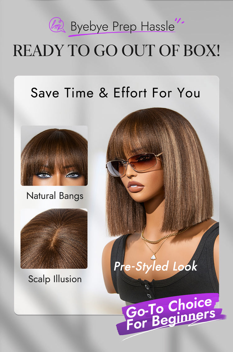 New Customers Only | Ash Blonde Highlights Yaki Blunt Cut Bob Wig with Bangs Glueless Minimalist Lace Short Wig Breathable Cap-19