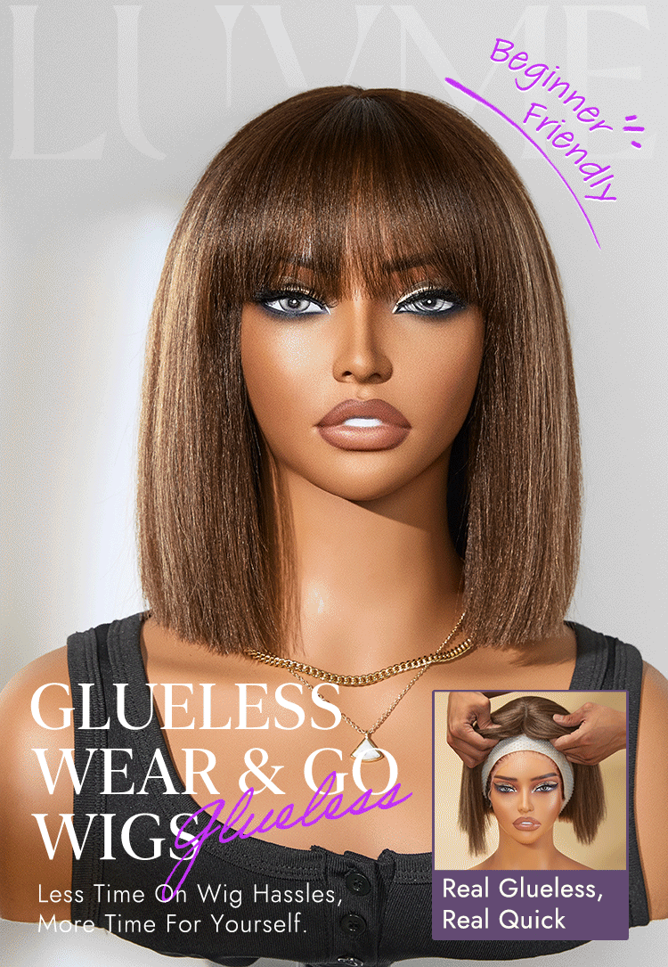 New Customers Only | Ash Blonde Highlights Yaki Blunt Cut Bob Wig with Bangs Glueless Minimalist Lace Short Wig Breathable Cap-18