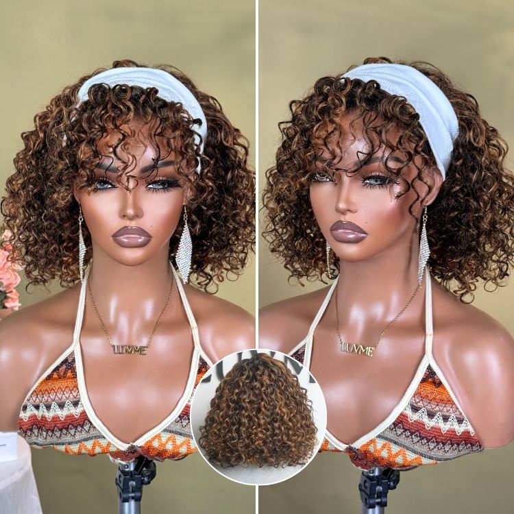 Halo Hair Style All-Day Comfort Wig Brown Highlight Deep Wave Glueless Minimalist HD Lace Curly Wig Pre-Cut Lace