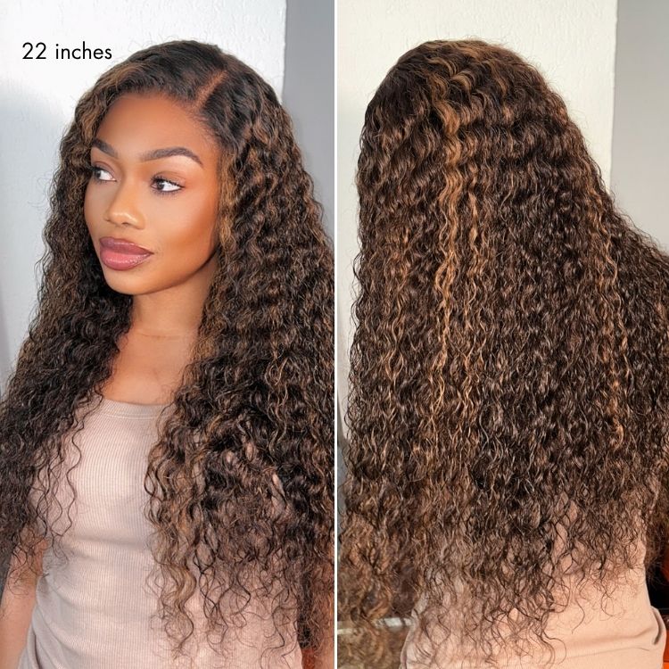 New Customers Only | Halo Hair Style All-Day Comfort Wig PartingMax Brown Highlights Funmi Curly 7x6 Closure HD Lace Glueless Wig Pre Cut Lace