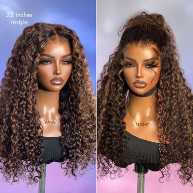 New Customers Only | Halo Hair Style All-Day Comfort Wig PartingMax Brown Highlights Funmi Curly 7x6 Closure HD Lace Glueless Wig Pre Cut Lace
