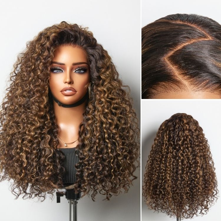 New Customers Only | Halo Hair Style All-Day Comfort Wig PartingMax Brown Highlights Funmi Curly 7x6 Closure HD Lace Glueless Wig Pre Cut Lace