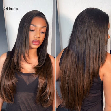 Halo Hair Style All-Day Comfort Wig 180% Density Ombre Brown Butterfly Cut Layered Light Yaki Straight Glueless 7x6 Closure HD Lace Human Hair Wig Pre-Cut Lace