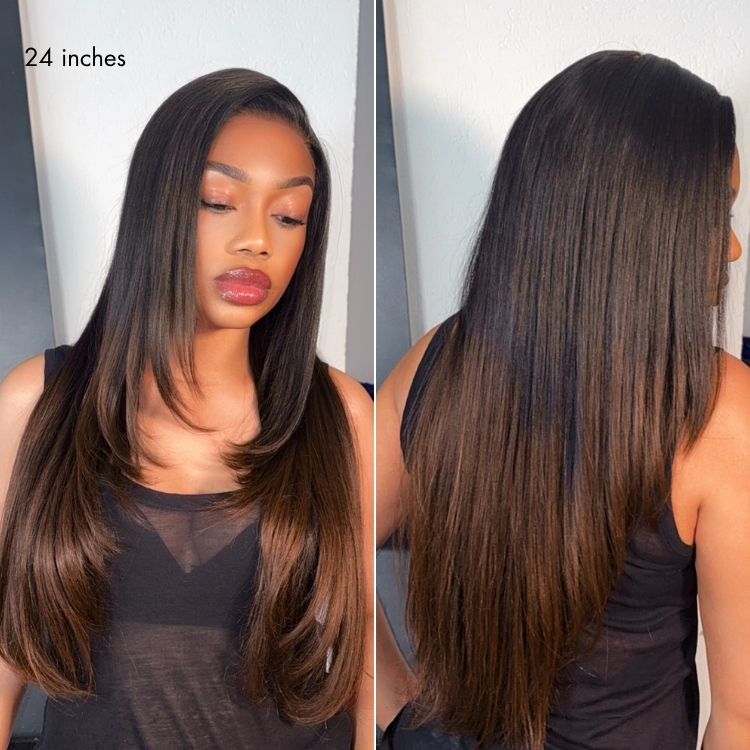 Halo Hair Style All-Day Comfort Wig 180% Density Ombre Brown Butterfly Cut Layered Light Yaki Straight Glueless 7x6 Closure HD Lace Human Hair Wig Pre-Cut Lace