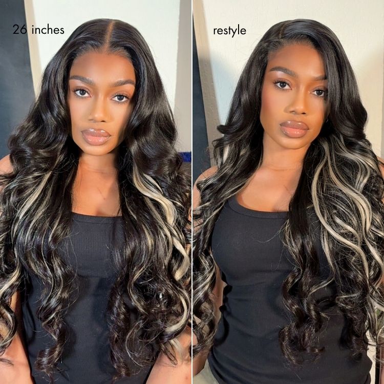 Halo Hair Style All-Day Comfort Wig 180% Density Platinum Blonde Highlight Loose Body Wave Glueless 7x6 Closure HD Lace Wig Pre-Cut Lace