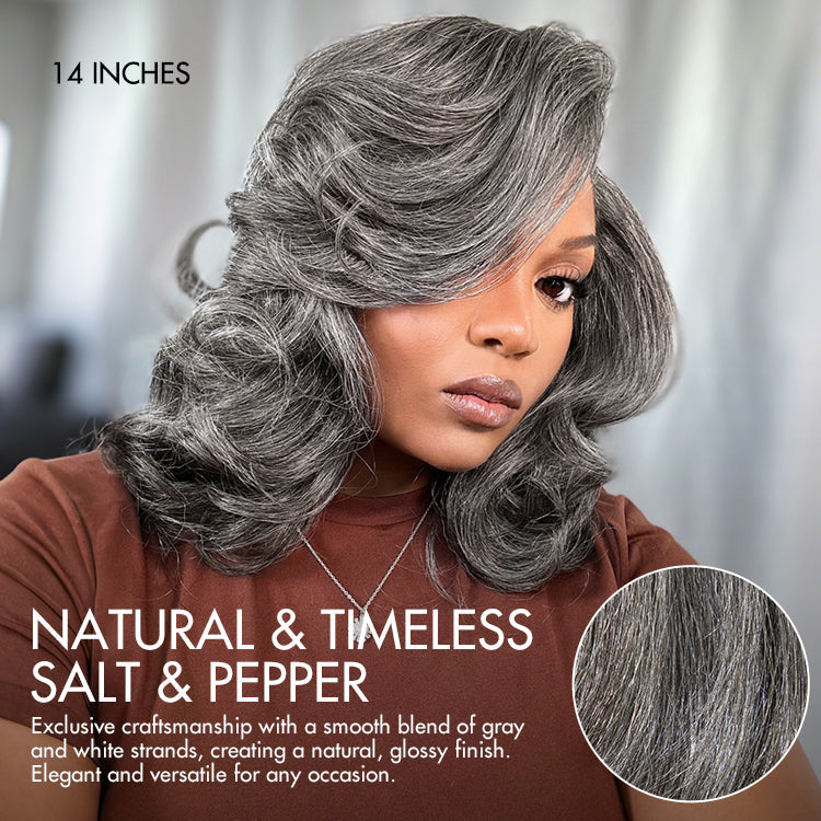 Layered Blowout Salt and Pepper Glueless Grey Wig Minimalist HD Lace Shoulder Length Wavy Wig