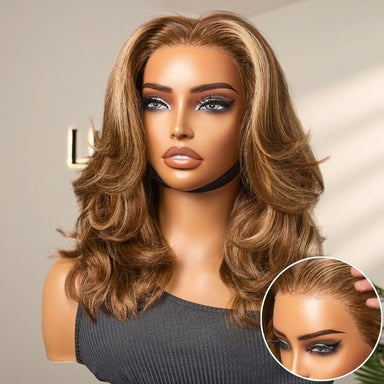 PreMax Wigs - Honey Brown with Blonde Highlights / Natural Black Bouncy Body Wave Glueless 13x4 Frontal Lace Human Hair Wig