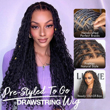 Special Deal | Light Weight Flexi-Fit Invisi Drawstring Cap Full Lace Knotless Boho Curls Braided Long Wig Super Natural Scalp