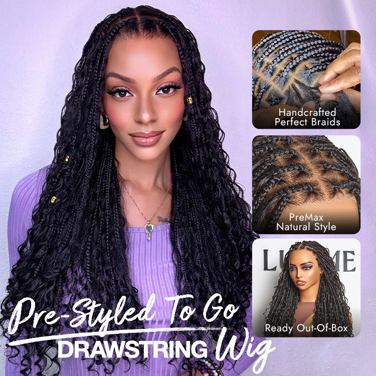 Special Deal | Light Weight Flexi-Fit Invisi Drawstring Cap Full Lace Knotless Boho Curls Braided Long Wig Super Natural Scalp