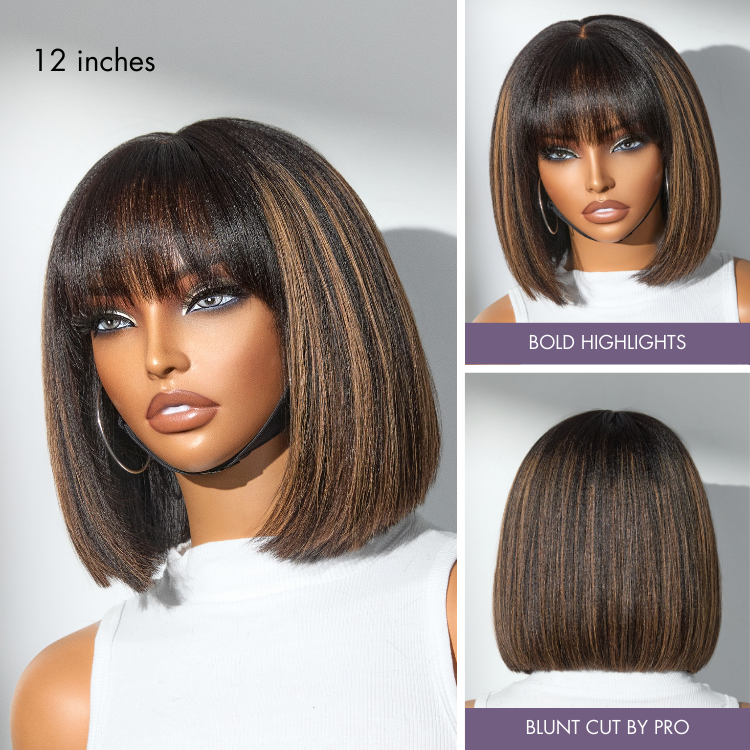 Exclusive Discount | Put On and Go Realistic Glueless Yaki Straight Bob With Bangs Minimalist Lace Wig 100% Human Hair