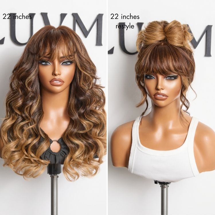 Halo Hair Style All-Day Comfort Wig 180% Density Ombre Blonde Highlight Loose Body Wave Glueless 7x6 Closure HD Lace Human Hair Wig with Bangs Pre-Cut Lace