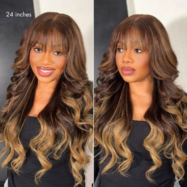 Halo Hair Style All-Day Comfort Wig 180% Density Ombre Blonde Highlight Loose Body Wave Glueless 7x6 Closure HD Lace Human Hair Wig with Bangs Pre-Cut Lace