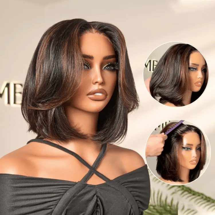 Tiktok Exclusive Deal | Blonde Highlight / Brown Highlight Short Layered Bob Wig Glueless 5x5 Closure Pre-Cut Lace Wig