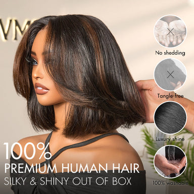 Tiktok Exclusive Deal | Blonde Highlight / Brown Highlight Short Layered Bob Wig Glueless 5x5 Closure Pre-Cut Lace Wig