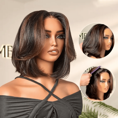 New Customers Only | Blonde Highlight / Brown Highlight Short Layered Bob Wig Glueless 5x5 Closure Pre-Cut Lace Wig