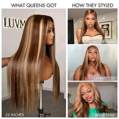 Halo Hair Style Hair 180% Density Honey Blonde Highlight Silky Straight Glueless 5x5 Closure HD Lace Long Wig