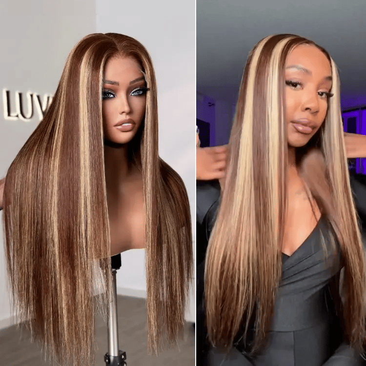 Halo Hair Style Hair 180% Density Honey Blonde Highlight Silky Straight Glueless 5x5 Closure HD Lace Long Wig