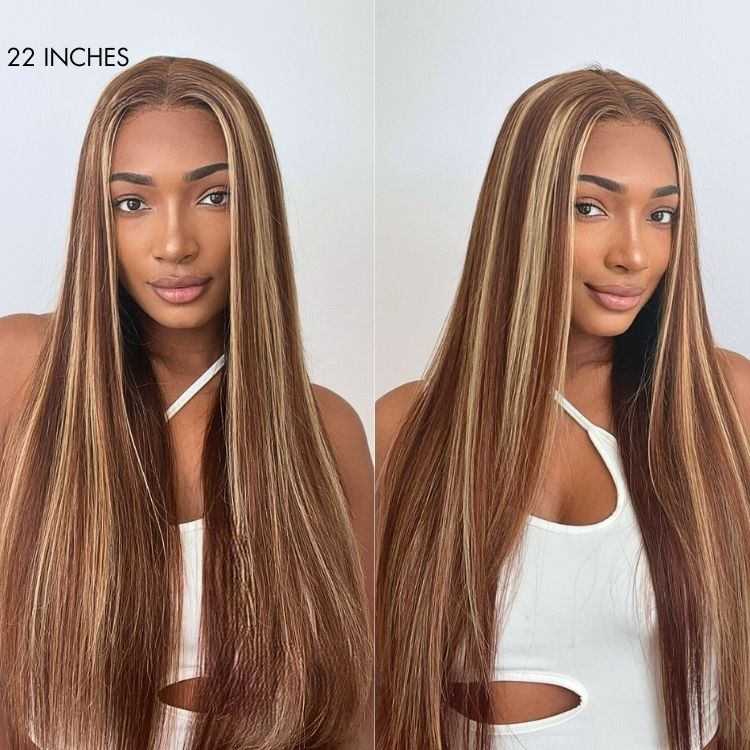 Halo Hair Style Hair 180% Density Honey Blonde Highlight Silky Straight Glueless 5x5 Closure HD Lace Long Wig