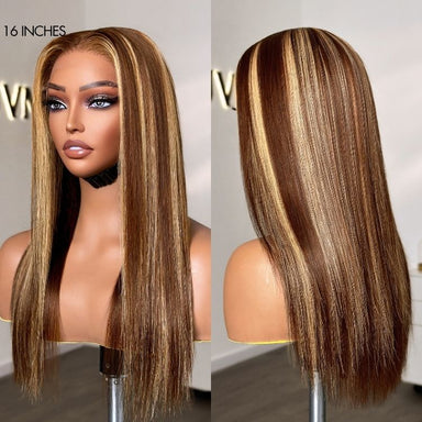 Halo Hair Style Hair 180% Density Honey Blonde Highlight Silky Straight Glueless 5x5 Closure HD Lace Long Wig