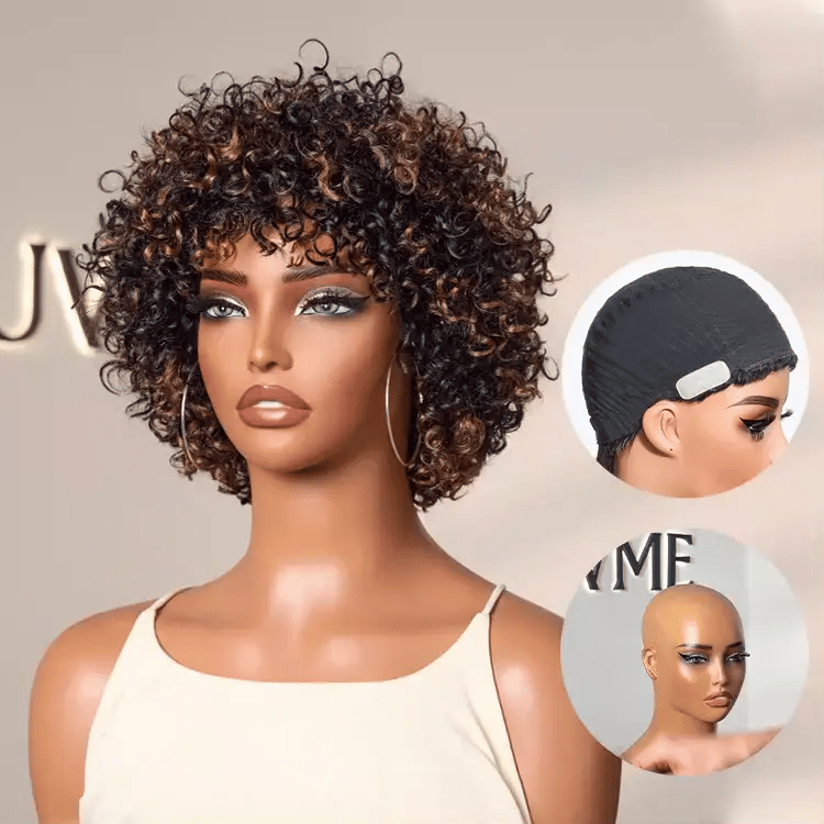 Throw On & Go Brown Highlight Short Curly with Bangs Wig Ultra Comfort Skin-Like Soft Care Glueless Hair Loss Friendly Wig