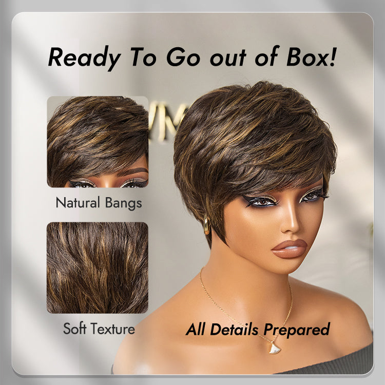 Mature Boss Glueless Throw On & Go Short Pixie Cut Wig with Bangs Breathable Cap - US Only