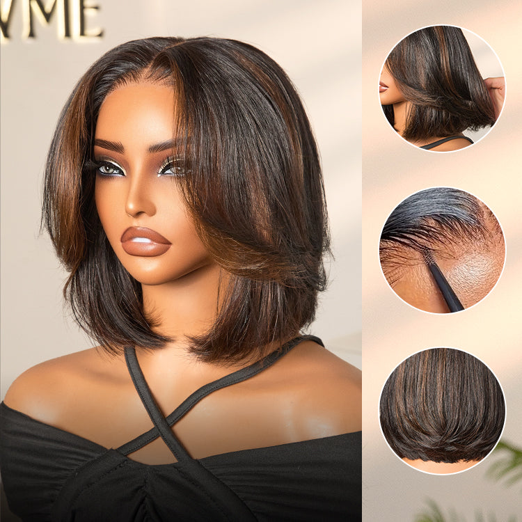 Tiktok Exclusive Deal | Blonde Highlight / Brown Highlight Short Layered Bob Wig Glueless 5x5 Closure Pre-Cut Lace Wig