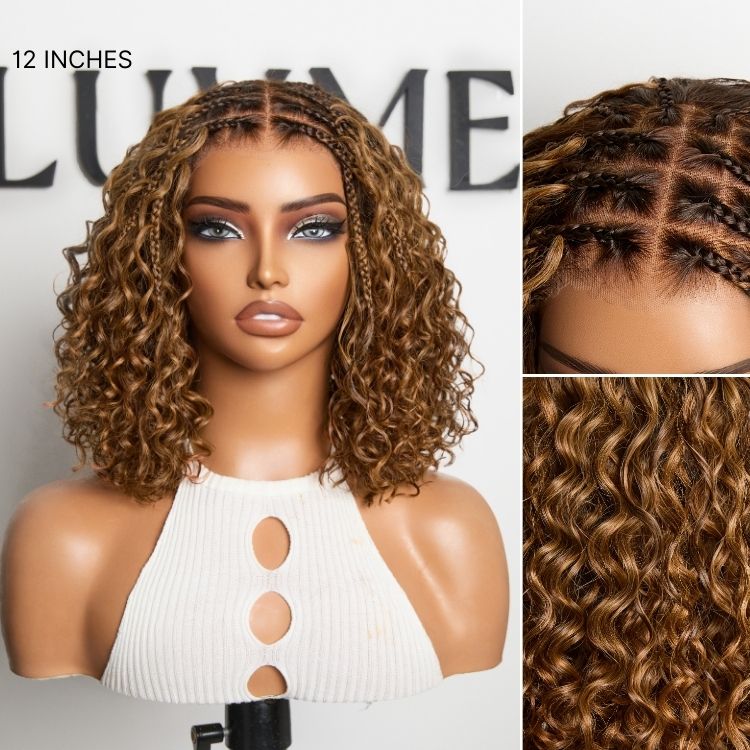 Tiktok Exclusive Deal | Ombre Brown Highlight Boho Braids Deep Curly Glueless 5x5 Closure Lace with Braided Top Human Hair Wig Pre-Cut Lace