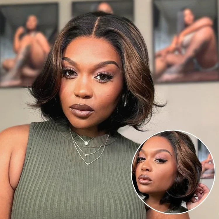 Tiktok Exclusive Deal | Blonde Highlight / Brown Highlight Short Layered Bob Wig Glueless 5x5 Closure Pre-Cut Lace Wig