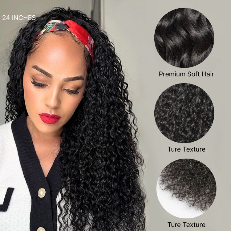 Halo Hair Style Too Easy Texture Wig 180% Density Water Wave Glueless Headband Wig Flexi-Fit Drawstring (Get Free Trendy Headbands)