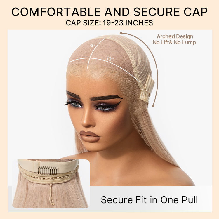 NatureMAX 180% Density Ash Blonde Silky Straight Glueless Ear-to-ear 13x4 HD Lace Front Wig Pre-Cut Lace Flexi-Fit Drawstring Cap
