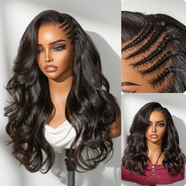 Readitress Side Braided Yaki Body Wave Glueless Ear-to-ear 13x6 Frontal HD Lace Wig Human Hair Flexi-Fit Drawstring Cap