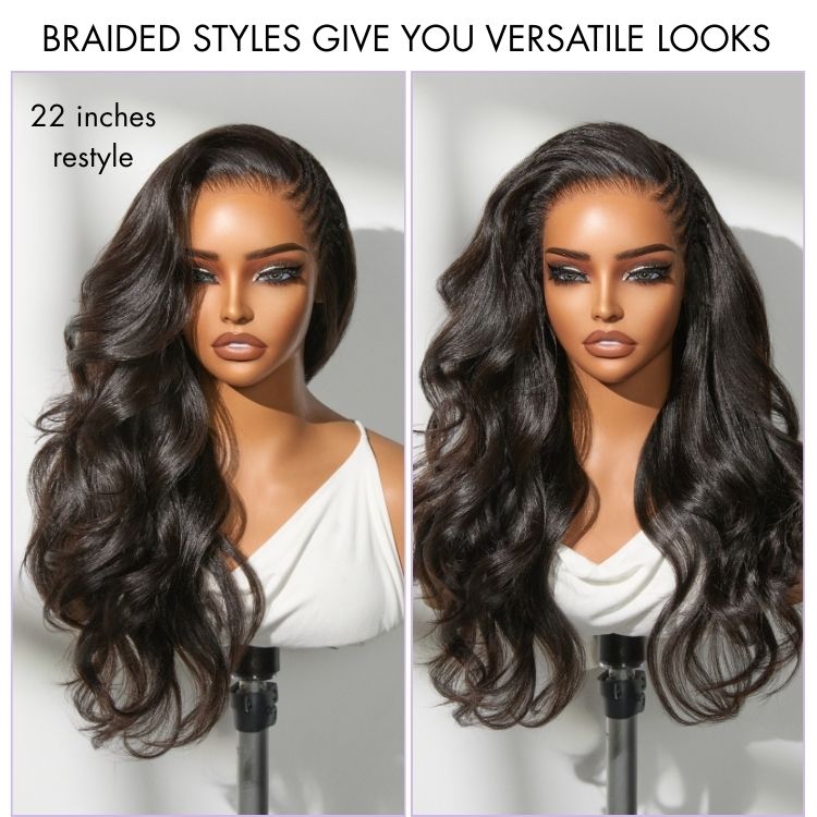 Readitress Side Braided Yaki Body Wave Glueless Ear-to-ear 13x6 Frontal HD Lace Wig Human Hair Flexi-Fit Drawstring Cap