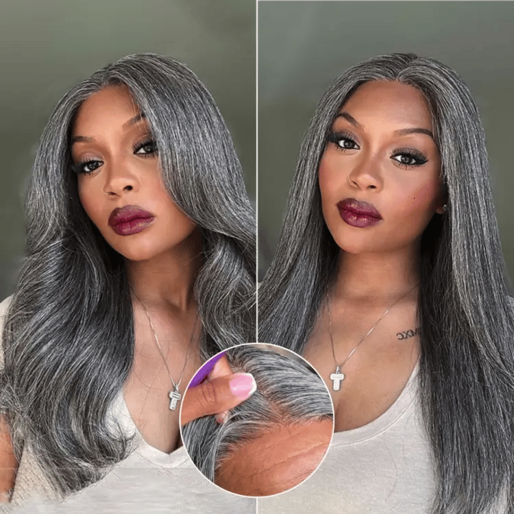 Halo Hair Style Hair 180% Density Salt and Pepper Straight Glueless Minimalist HD Lace T Part Grey Wig Pre-Cut Lace