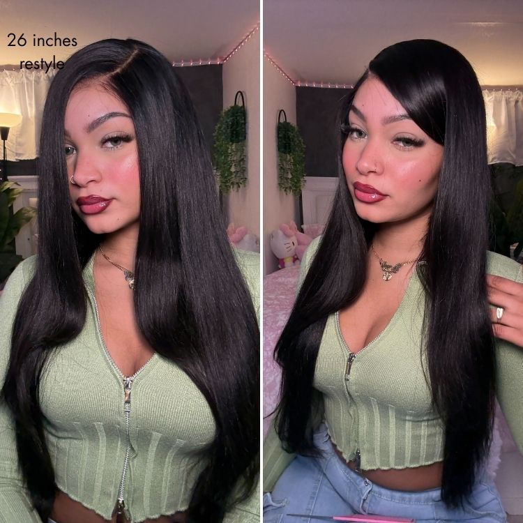 Halo Hair Style All-Day Comfort Wig 180% Density Butterfly Cut Layered Light Yaki Straight Glueless 7x6 Closure HD Lace Human Hair Wig Pre-Cut Lace
