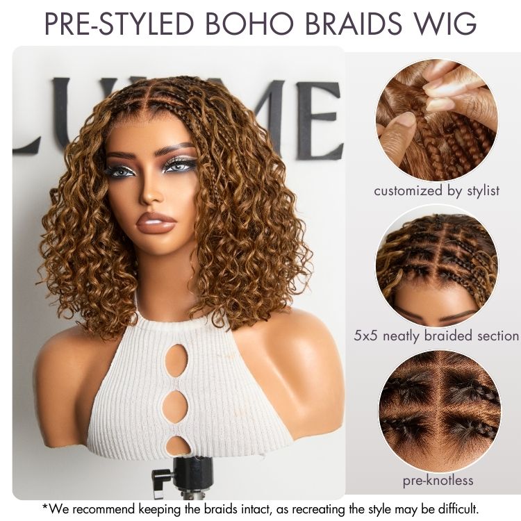Tiktok Exclusive Deal | Ombre Brown Highlight Boho Braids Deep Curly Glueless 5x5 Closure Lace with Braided Top Human Hair Wig Pre-Cut Lace