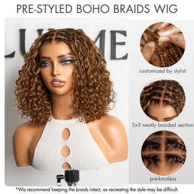 Tiktok Exclusive Deal | Ombre Brown Highlight Boho Braids Deep Curly Glueless 5x5 Closure Lace with Braided Top Human Hair Wig Pre-Cut Lace