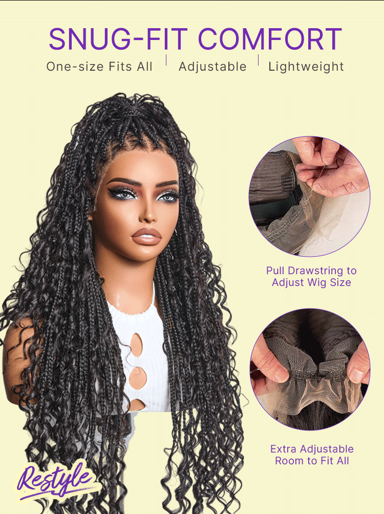 New Customers Only | HD Full Lace Knotless Boho Curls Braided Bob Wig Flexi Fit Invisi Drawstring Cap-13