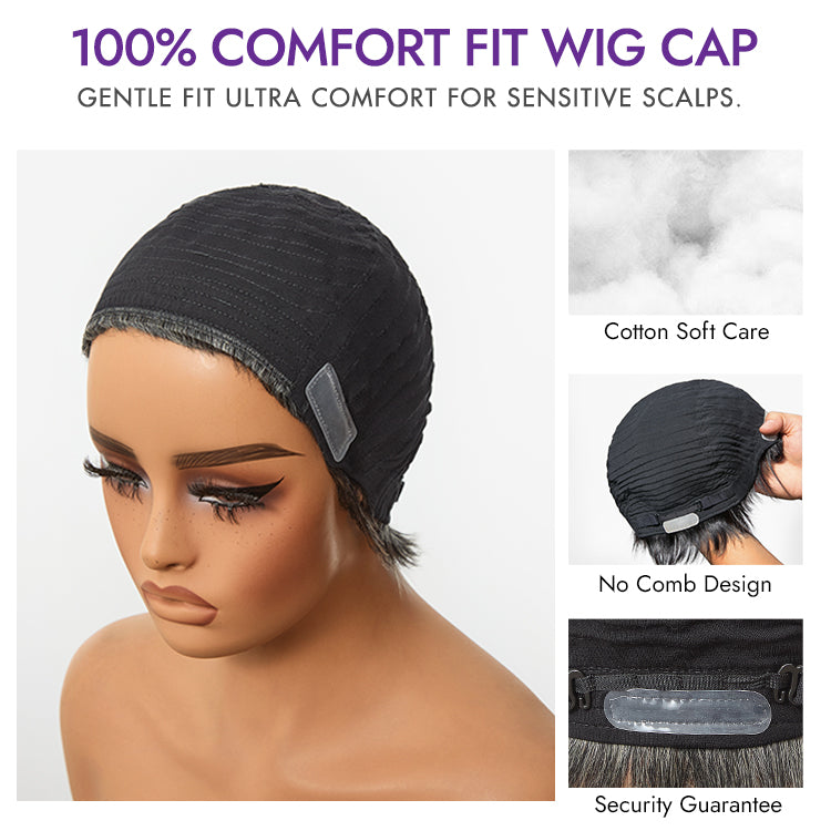 New Customers Only | Throw On & Go Salt & Pepper Short Pixie Cut Glueless Wig with Bangs 100% Human Hair Ultra Comfort Cotton Cap Hair Loss Friendly