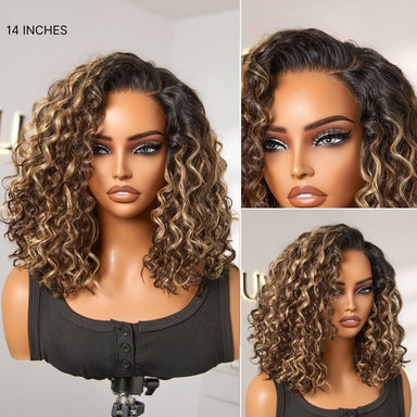 New Customers Only | Ready to Go Blonde Highlight / Natural Black  / Ombre Brown Water Wave Short Curly Bob Wig Glueless Minimalist HD Lace Wig Pre-Cut Lace