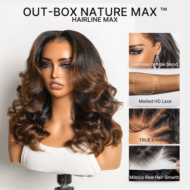 NatureMAX 200% Density Ombre Brown / Natural Loose Wave Glueless 13x6 HD Lace Front Shoulder Length Wig Pre-Cut Lace Flexi-Fit Drawstring Cap