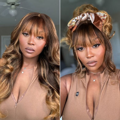 Halo Hair Style All-Day Comfort Wig 180% Density Ombre Blonde Highlight Loose Body Wave Glueless 7x6 Closure HD Lace Human Hair Wig with Bangs Pre-Cut Lace