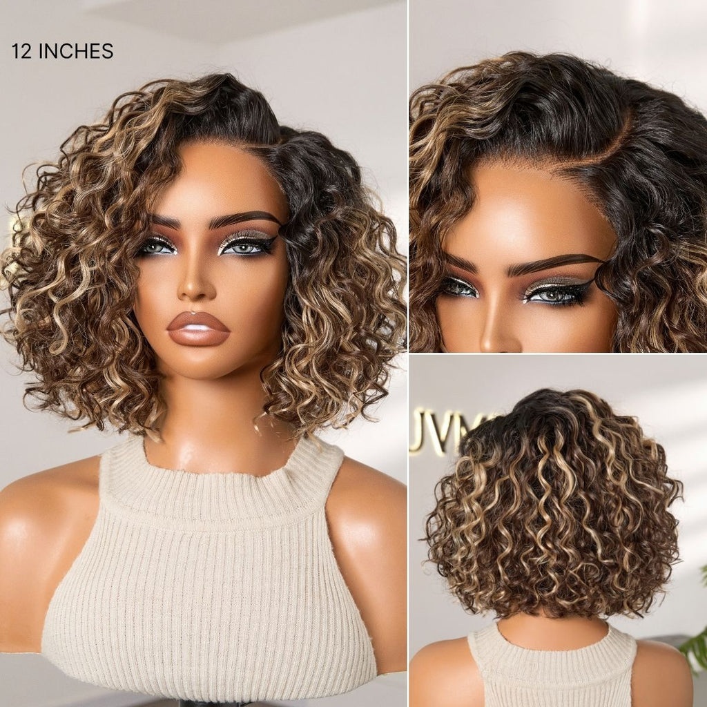 Tiktok Exclusive Deal | Ready to Go Blonde Highlight / Natural Black / Ombre Brown Water Wave Short Curly Bob Wig Glueless Minimalist HD Lace Wig Pre-Cut Lace